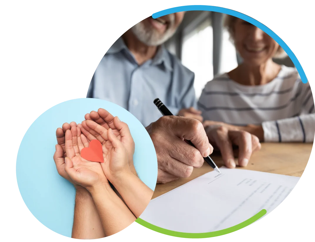 Una combinazione fotografica di due persone che firmano il testamento e due mani, di adulto e bambino, che mantengono un cuore